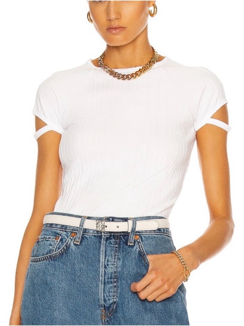 Helmut Lang White Short Sleeve Cutout Rib Tee